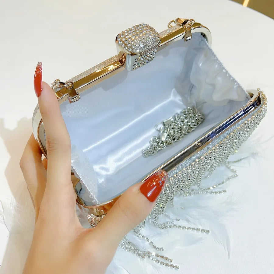 New Style Rhinestone Tassel Clutch Bag Wedding Dinner Party Shoulder Crossbody Bag Ladies Handbag Polyester Square Shape