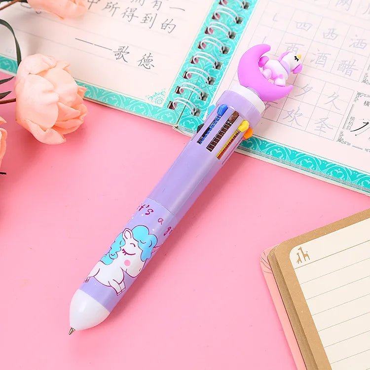 cartoon animal ten-color student stationery retractable ballpoint pen 1pcs