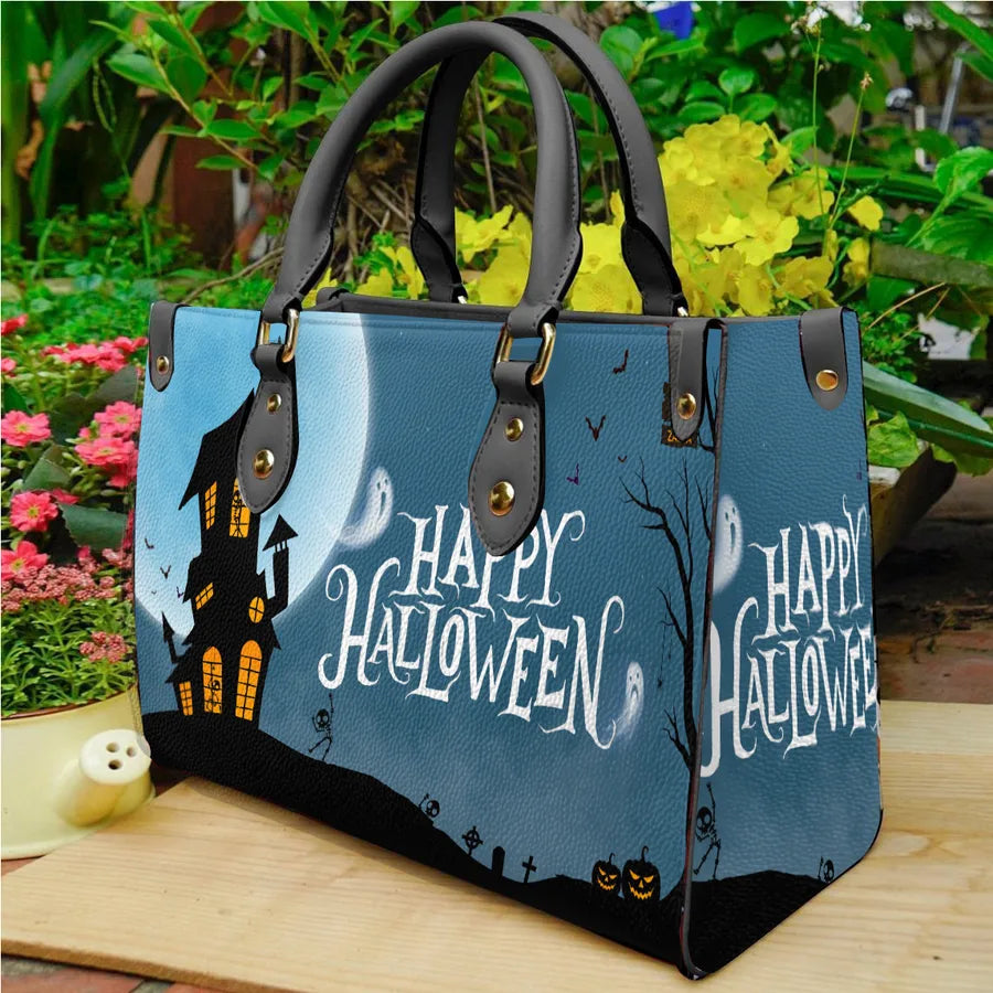 Printed Leather PU Halloween Ghost House Ladies Handbag Shoulderless Bag Street Style Fashion Square Shape Medium Size