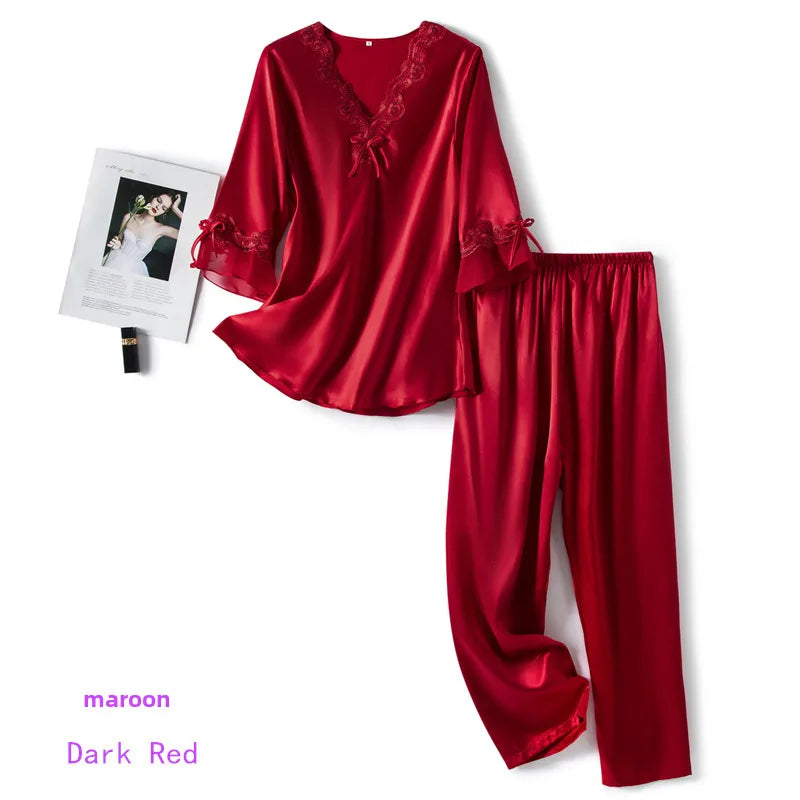 Large Size Spring and Autumn Elegant Thin Seven-point Sleeve Silk-like Women's Suit Embroidered Lace Two-piece Home Clothes