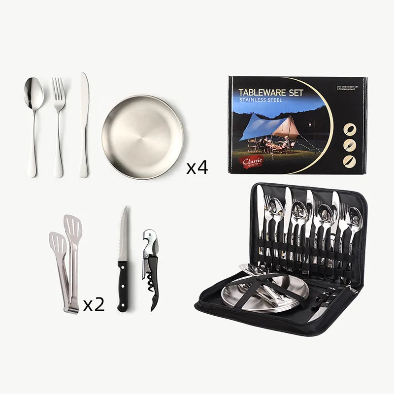 Outdoor travel stainless steel tableware camping picnic barbecue plate clip steak knife, fork and spoon suit portable storage bag