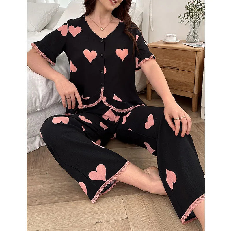 Women's Round Neck Cardigan Sleepwear Set Spring Summer New Style European Fashion High Sensation Heart Print Long Pants Home Clothes
