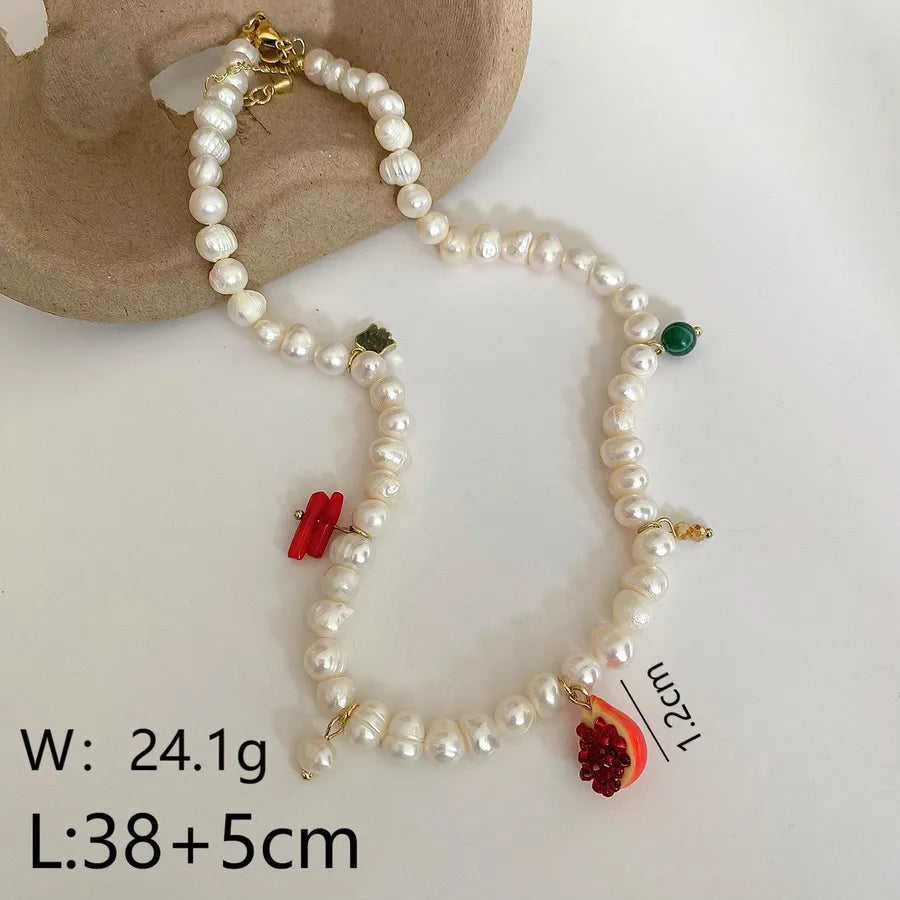 Freshwater Pearl Copper Plated Freshwater Pearl Bluestone Copper Beaded Chain Fruit Pomegranate Multi Charms Necklace