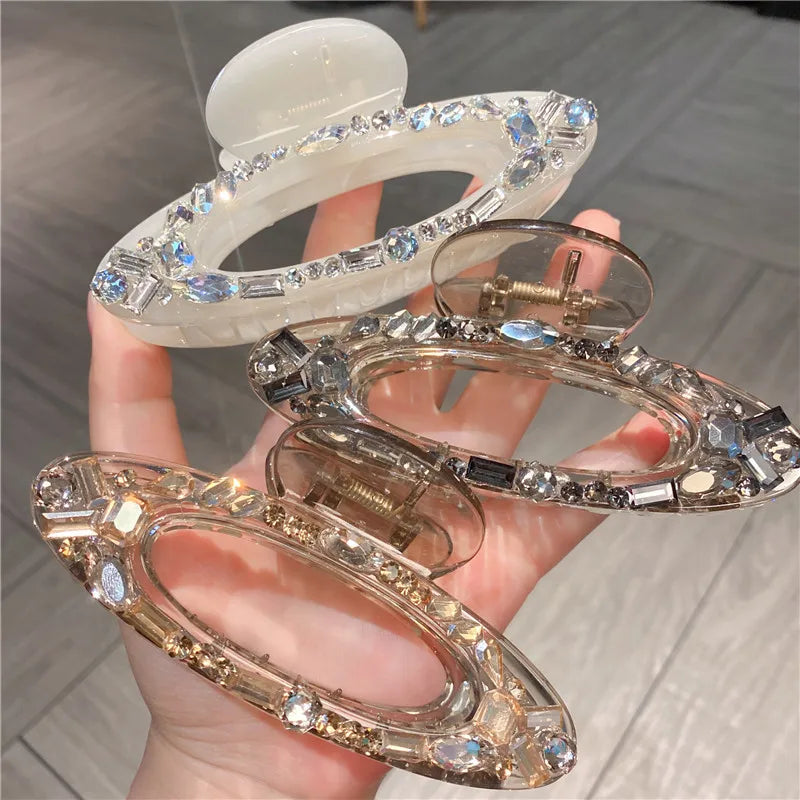 New Luxury Sparkling Water Diamond Hair Claw Clip Large Size Ponytail Holder Shark Clamp Elegant Updo Hair Accessories