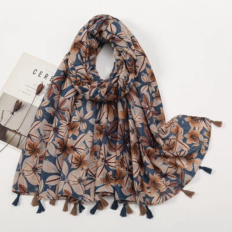 women's retro color block polyester printing scarf