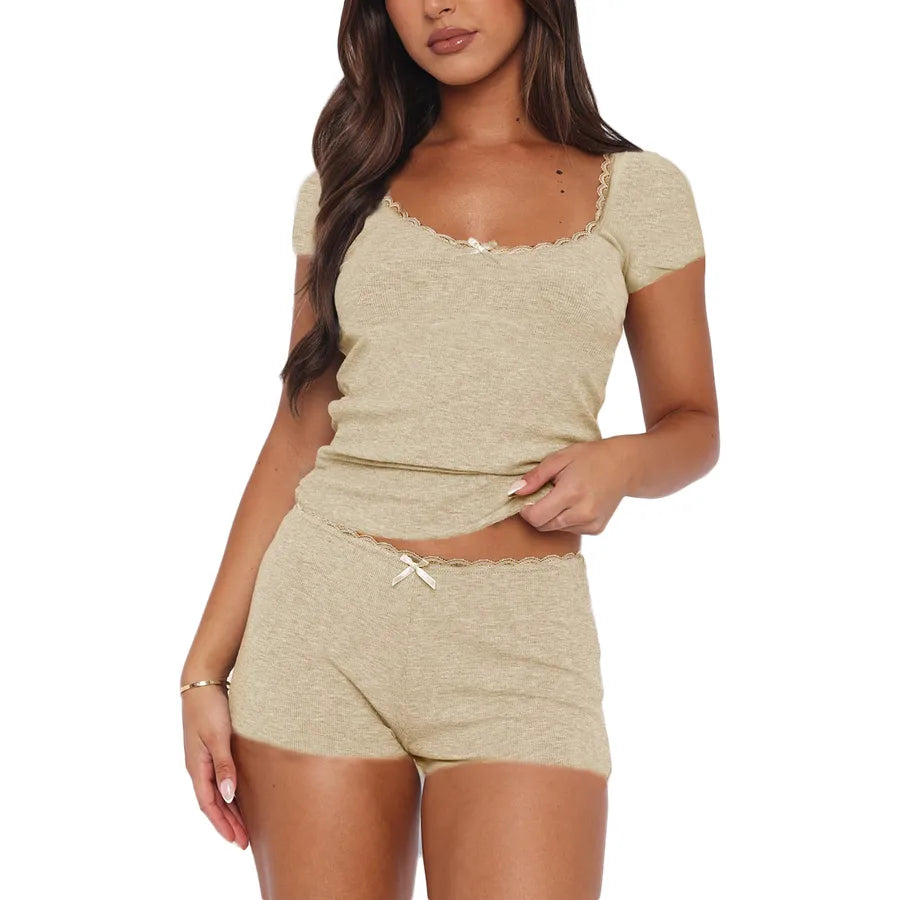 Holiday Daily Selfie Women's Casual Elegant Lady Solid Color Bow Knot Polyester Shorts Sets Pajama Sets