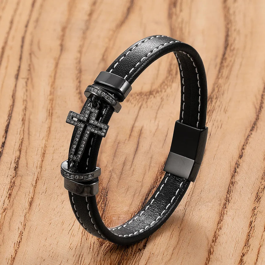 Retro Punk Simple Style Cross 316L Stainless Steel  Leather rope Women's Men's Bracelets Men Cord & Leather Bracelets