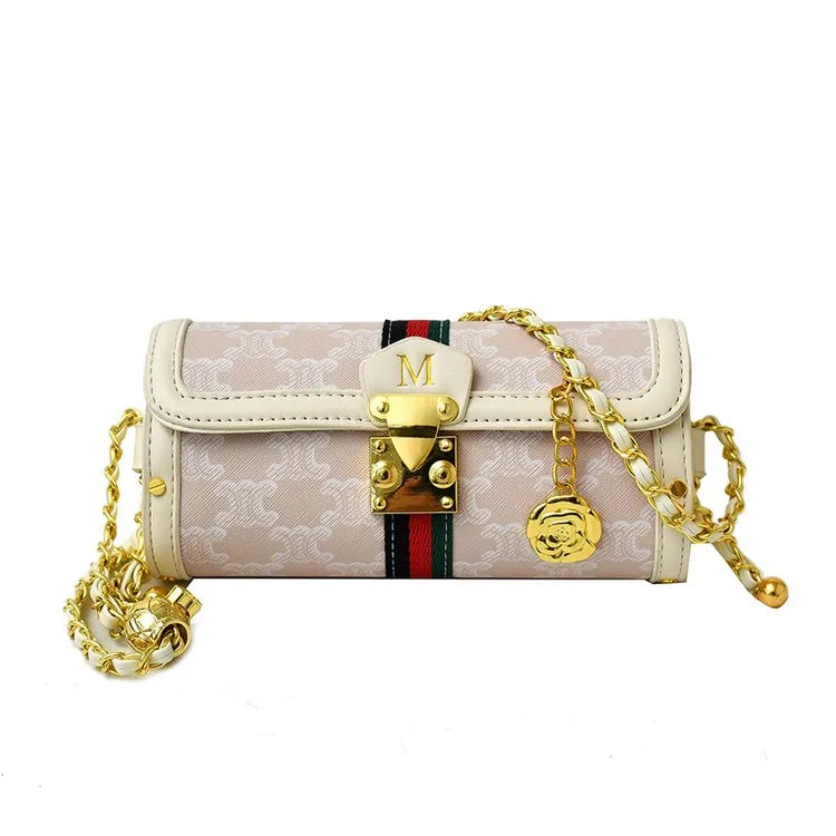 Women's Pu Leather Letter Color Block Elegant Streetwear Cylindrical Flip Cover Lock clasp Shoulder Bag