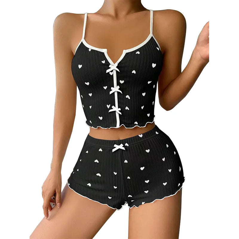 New Product Heart-shaped Printed Contrast Home Clothes Front Split Sling Pajamas suit