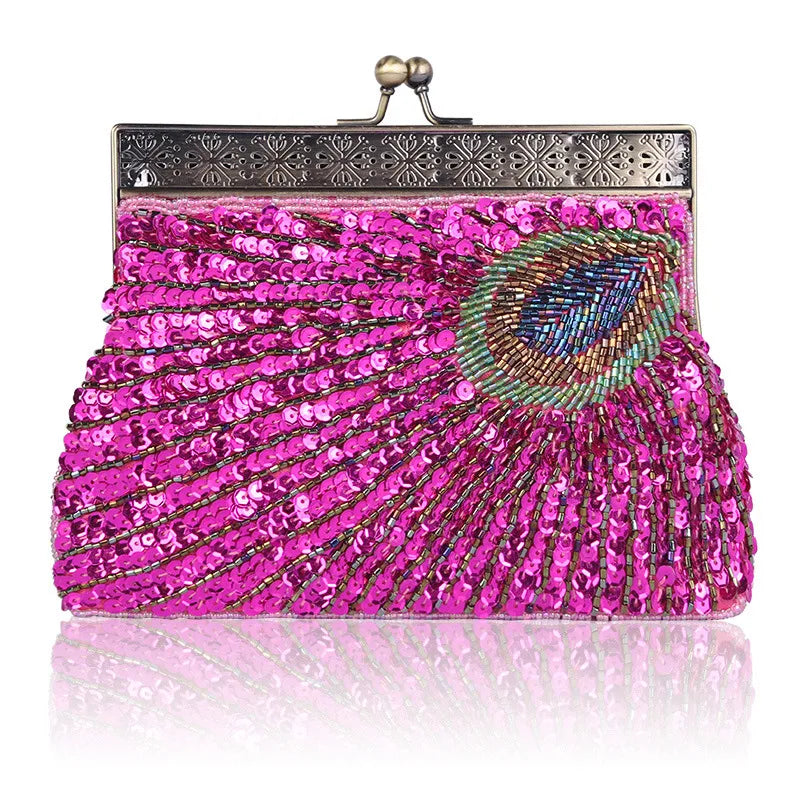 red purple blue polyester peacock feather beading sequins pearl embroidery square evening bags