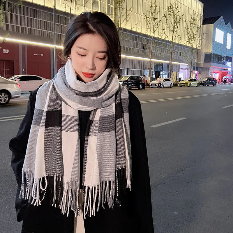 women's fashion plaid imitation cashmere tassel winter scarves