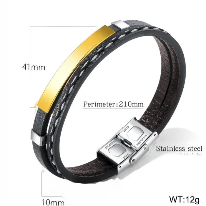 Hip-Hop Punk Geometric Color Block Cowhide Titanium Steel Plating 18K Gold Plated Men's Bracelets