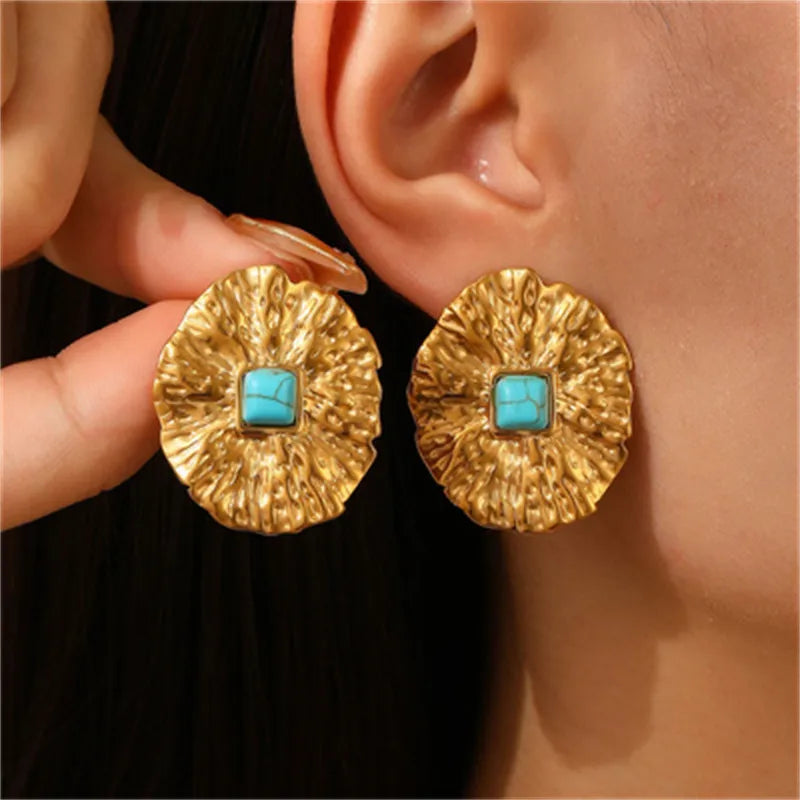 Casual Streetwear Geometric Plating 316 Stainless Steel  December Birthstone Turquoise Zircon 18K Gold Plated Bullet Backs Ear Studs