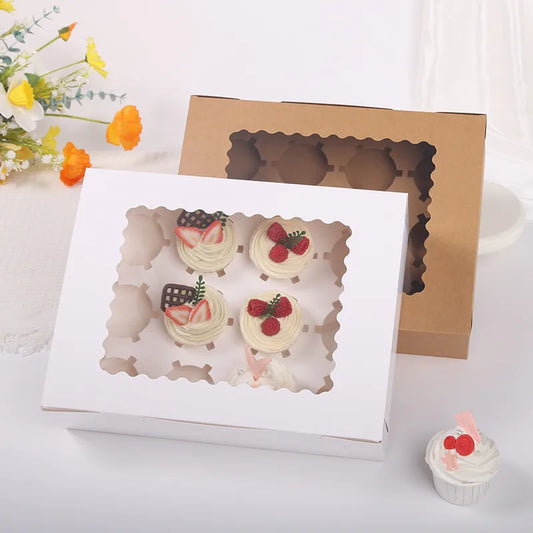 12-Pack Cupcake Boxes Pastry Baking Paper Transparent Window Cake Packaging Boxes Pastries Storage Simple Style Egg Tart Boxes