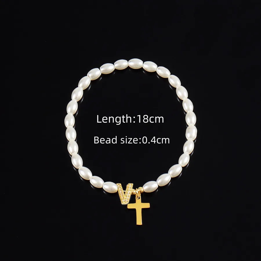 Simple Style Cross Letter 304 Stainless Steel Artificial Pearl Copper Beaded Chain Bracelets In Bulk