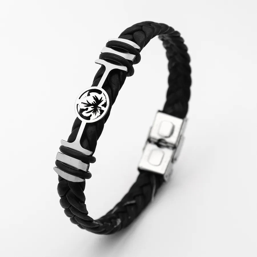 Retro Punk Solid Color 304 Stainless Steel Pu Leather Plating Men's Bangle Men Cord & Leather Bracelets