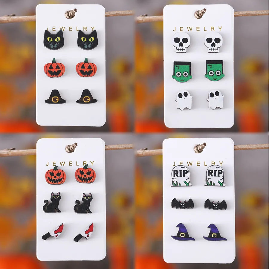 Wooden Vintage Halloween Party Ear Studs Set For Women Bat Pumpkin Witch Hat Skeleton Black Cat Design Stainless Steel Post
