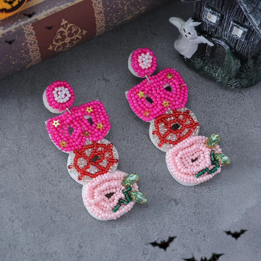 New Halloween Pumpkin Ear Cuff Quirky Individualistic Rice Bead Dangle Earrings Exaggerated Design Sense Fashion Jewelry
