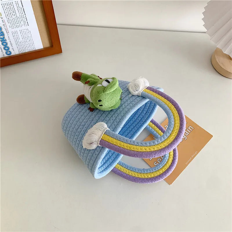 Women's Braid Cartoon Rainbow Dinosaur Cute Square Open Handbag