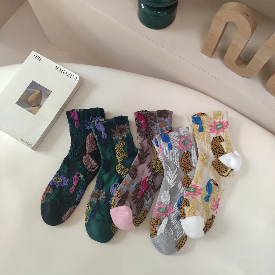 A Pair Casual Women's Printing Flower Cotton Crew Socks