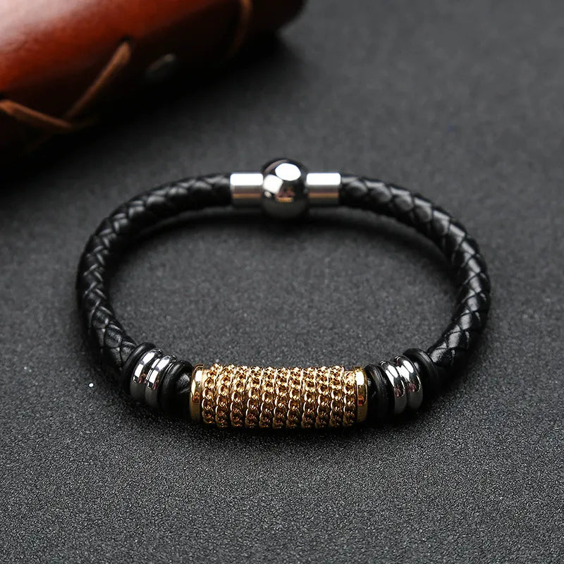Hip-Hop Simple Style Solid Color Pu Leather Titanium Steel Plating Men's Bracelets Men Cord & Leather Bracelets