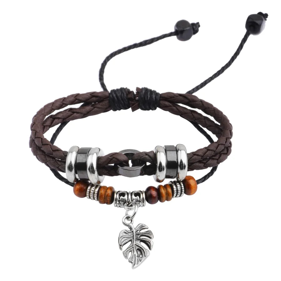 1 piece fashion leaf pu leather alloy patchwork men's bracelets