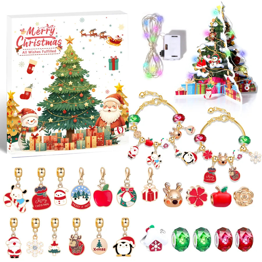 Christmas Arrival Day Countdown Calendar 24 Cells DIY Cartoon Deer Children's Bracelets Zinc Alloy Christmas Theme Handmade