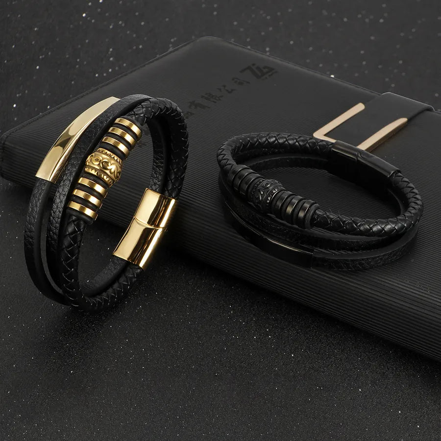 stainless steel vintage leather woven bracelet men's titanium steel magnet buckle multi-layer woven bracelet jewelry wholesale