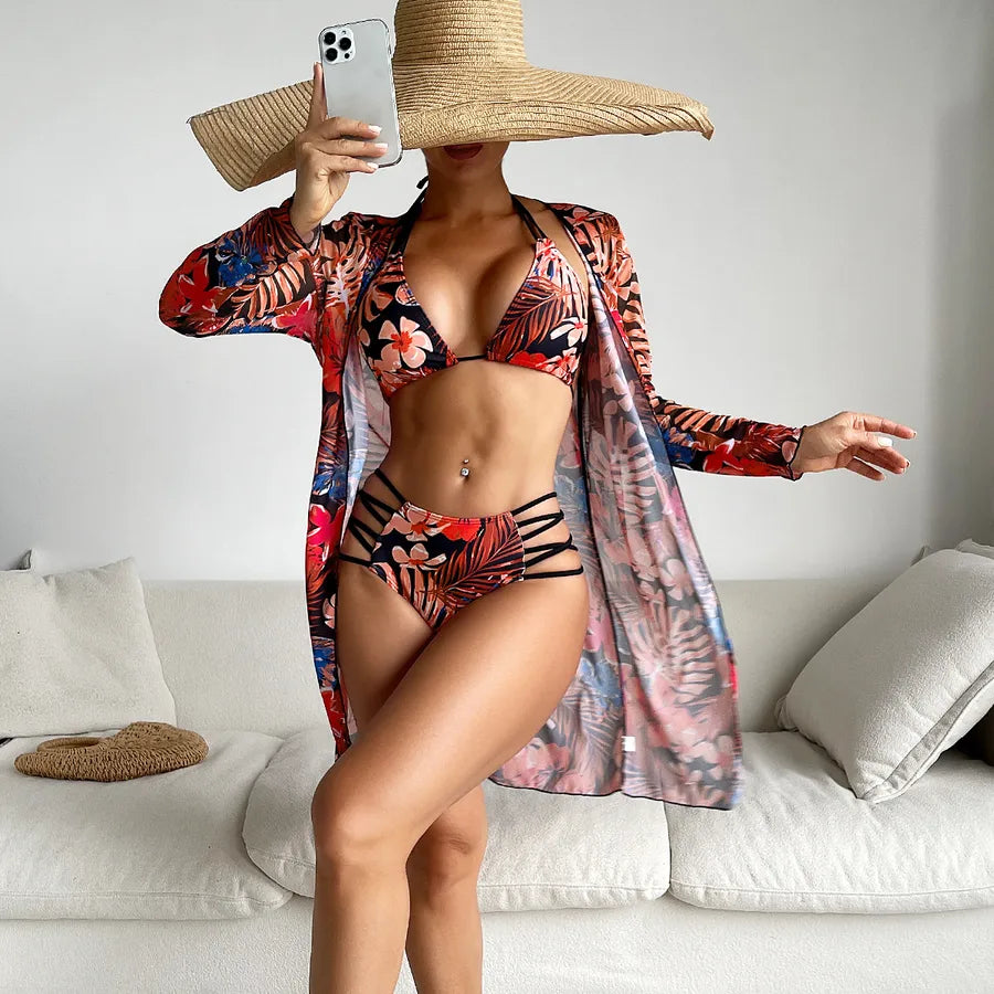 Women's Flower 3 Pieces Set Bikinis Swimwear