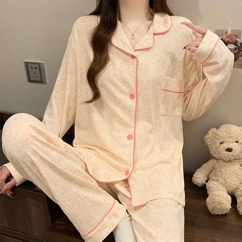 Sweet Girl Heart Print Open Cardigan Sleepwear Long Sleeve Crepe Home Clothes Set Spring New Style Casual Breathable Polyester