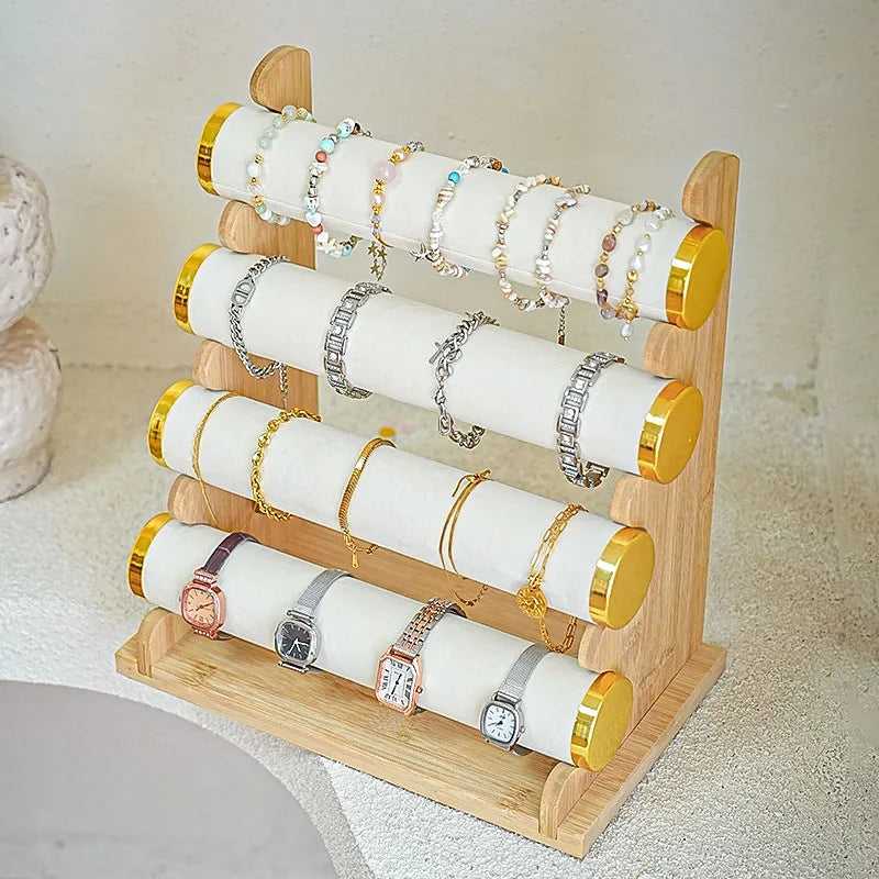 Premium Bamboo Wooden Jewelry Display Stand Bracelet Watch Headband Earring Storage Holder Live Broadcast Props Ornament Rack