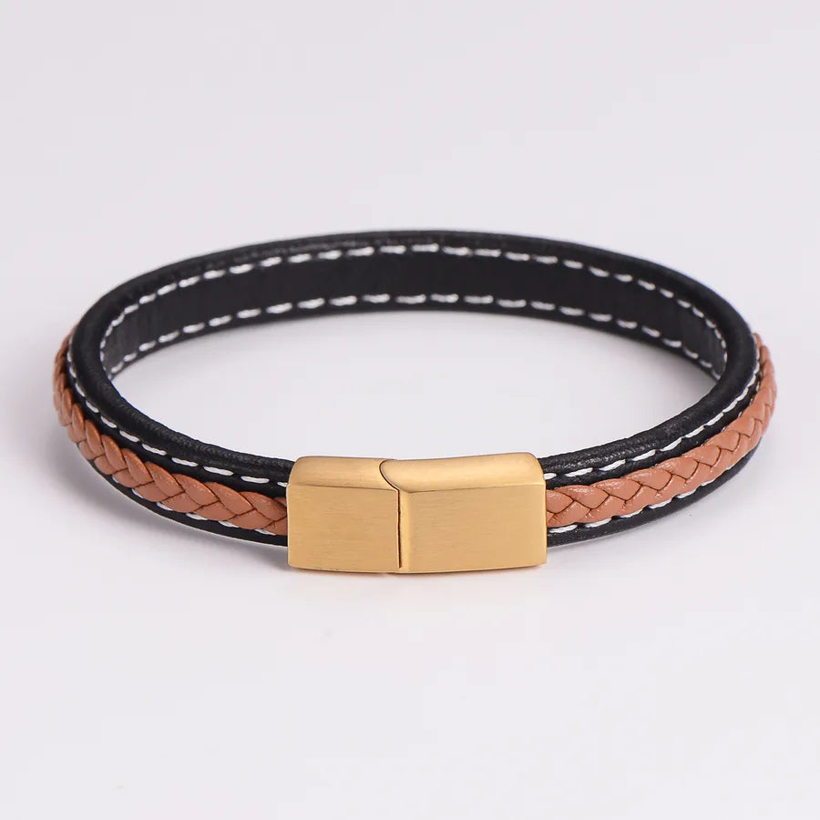 Casual Hip-Hop Vintage Style Round 304 Stainless Steel Leather Men's Bangle