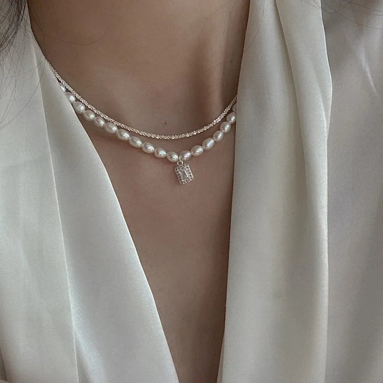 elegant square water droplets freshwater pearl metal inlay zircon necklace