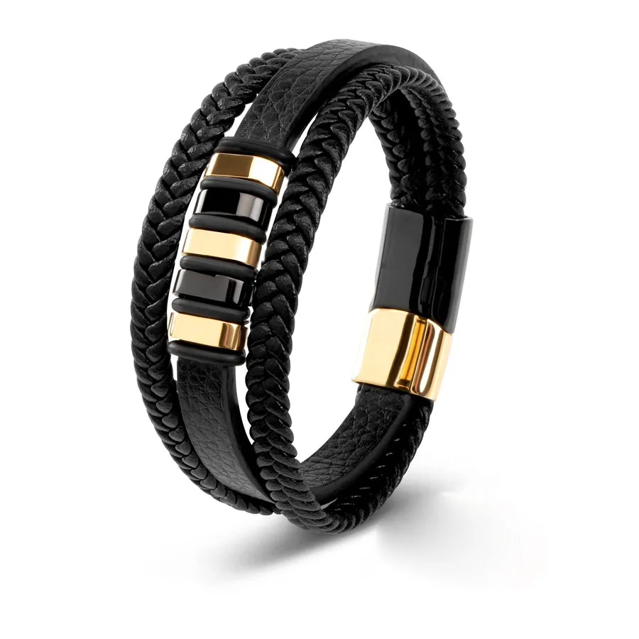 Men's Leather Bracelet Two-Tone Magnetic Buckle Gold Steel Stainless Steel Three-Section Buckle Men's Black Leather Bracelet