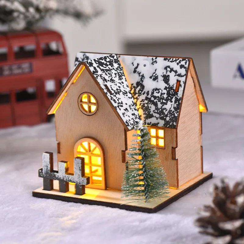 Christmas Decorative LED Lighted Wooden Cabin Tabletop Display Christmas Decoration Wooden Material Illuminated Little House