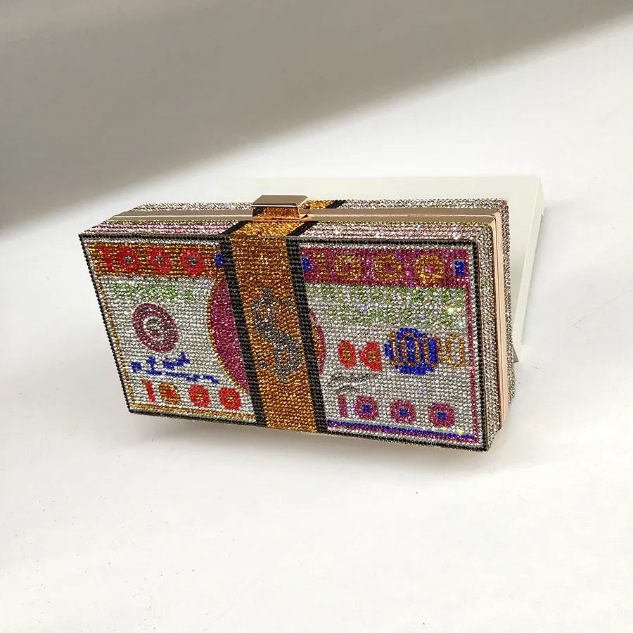 red blue pink plastic rhinestone dollar pattern square clutch evening bag