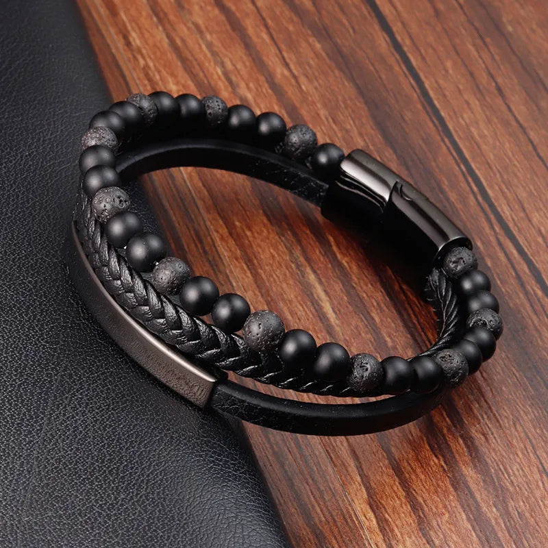 Vintage Style Classic Style Geometric Pu Leather natural stone Titanium Steel Woven Chain Wrap Bracelets Wholesale