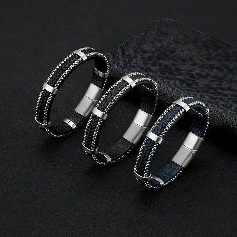 Retro Punk Geometric 316L Stainless Steel  Leather Men's Bracelets Men Cord & Leather Bracelets