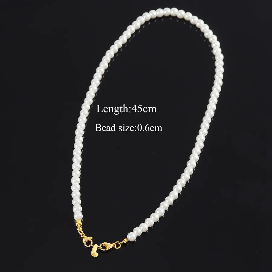 304 Stainless Steel Artificial Pearl Beaded Chain Letter Pendant Necklace