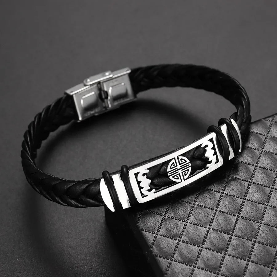 Retro Punk Solid Color 304 Stainless Steel Pu Leather Plating Men's Bangle Men Cord & Leather Bracelets