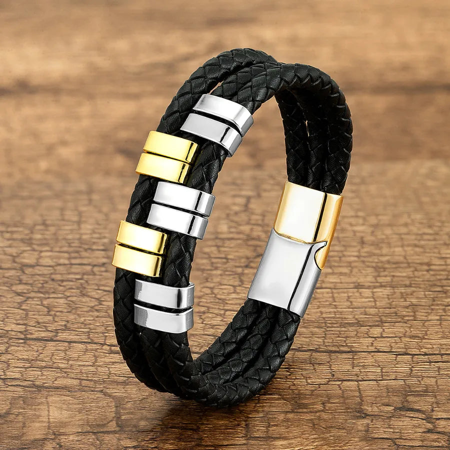 Vintage Style Exaggerated Punk Geometric Leather rope Metal Layered Handmade Metal Button Men's Bangle