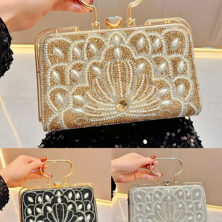 Gold Silver Black Pu Leather Solid Color Pearls Square Evening Bags