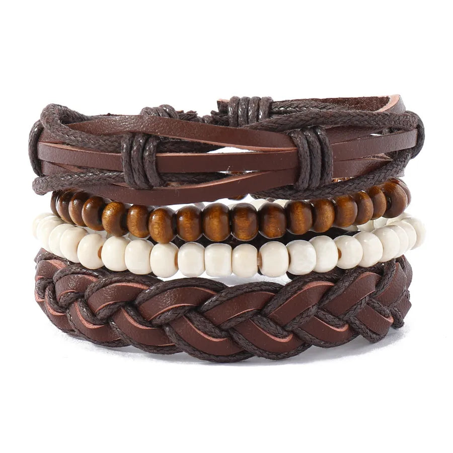 Retro Geometric Pu Leather Wood Wax line Beaded Braid Men's Bracelets