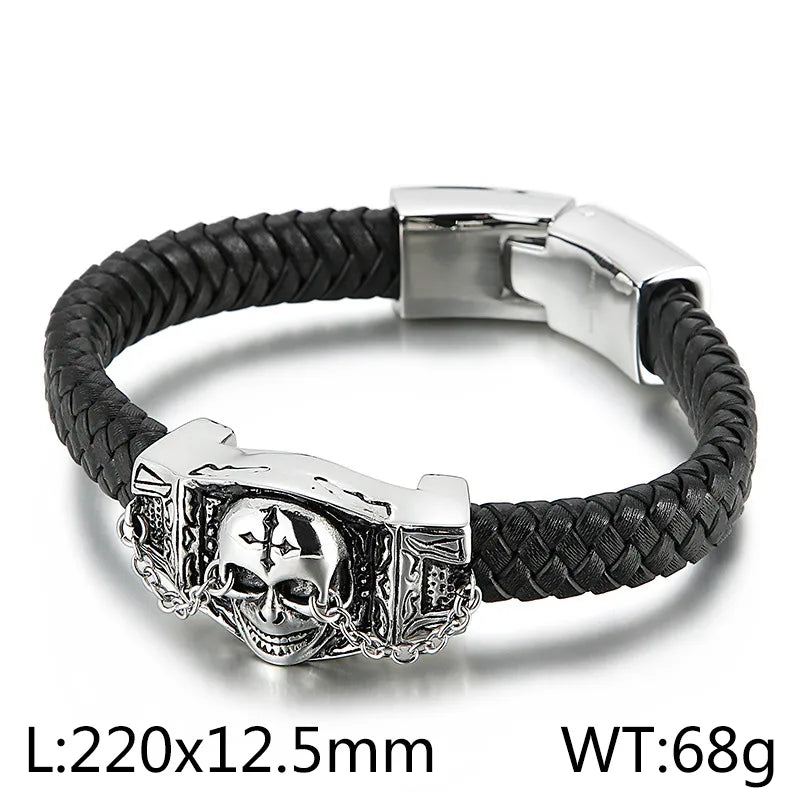 retro color block pu leather titanium steel braid men's bangle