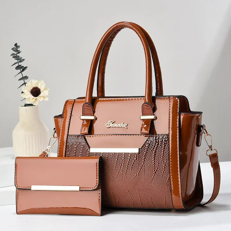 Mother's Bag Crocodile Pattern Bright Leather Two-piece Women's Crossbody Bag Korean-style Handbag Shoulder Bag handbags