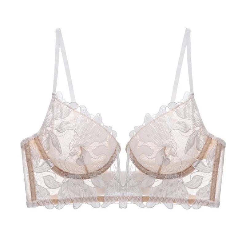 Sexy Deep V Embroidered Lace Underwear Women's Ultra-thin Large Chest Shown Small Gather-up Bra Suit Bra