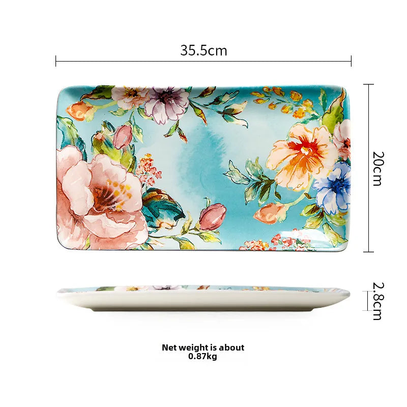 Guest French Dinner Plate Underglaze Color Flat Plate Dim Sum Tray Rectangular Plate Fish Plate Large Soup Plate Household Deep Plate