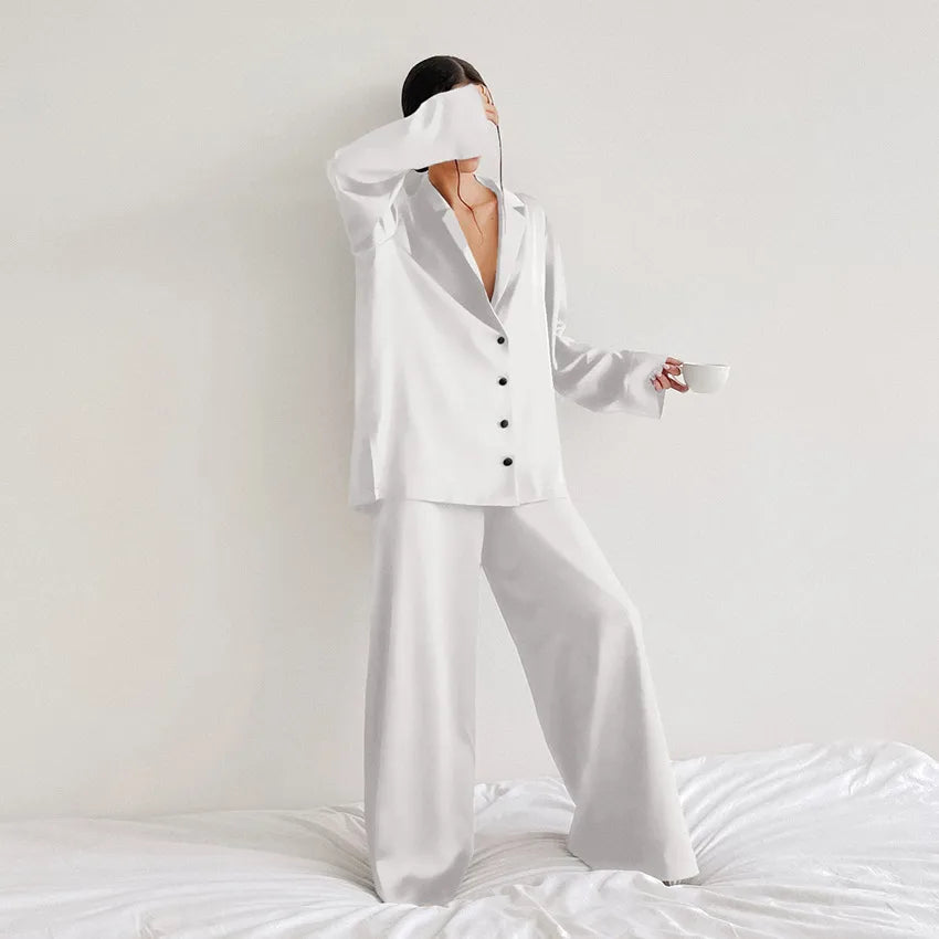 women's fashion solid color imitated silk polyester pants sets