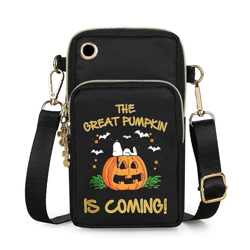 Mini Halloween Pumpkin Pattern Crossbody Bag Neck Hanging Single Shoulder Bag For Men And Women Outdoor Travel Nylon Square Bag
