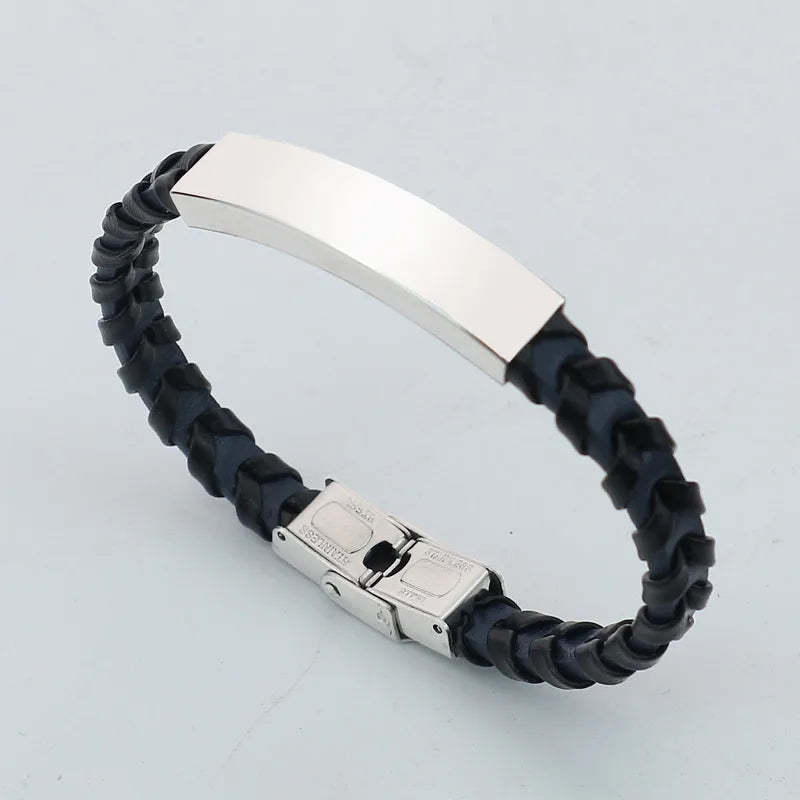 Retro Solid Color 304 Stainless Steel Pu Leather Polishing Men's Bangle Men Cord & Leather Bracelets